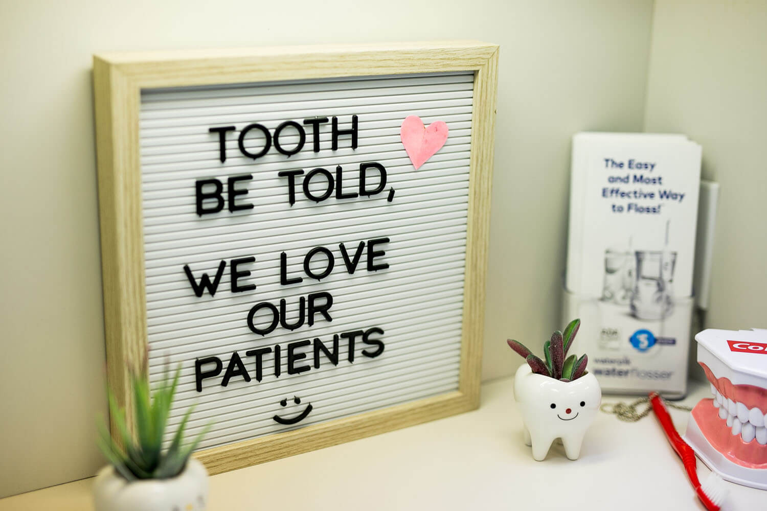 Small succulents in pots shaped like teeth with smiley faces painted on them sit on a shelf alongside other dental-themed decor. A sign reads, "Tooth be told, we love our patients" with a paper heart attached.